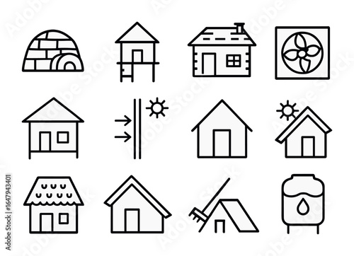 Climate-Themed Home Icons. Outline icon set of climate-specific homes: igloo, raised hut, stone cottage,