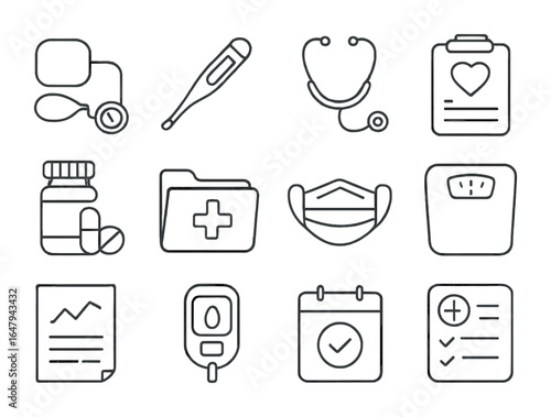 Medical Icons Grid. Outline icon set of medical check-up routine: blood pressure cuff, thermometer,