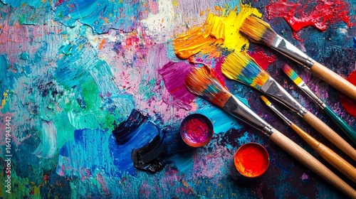 Colorful paintbrushes and artist tools on vibrant abstract painted background with creative composition