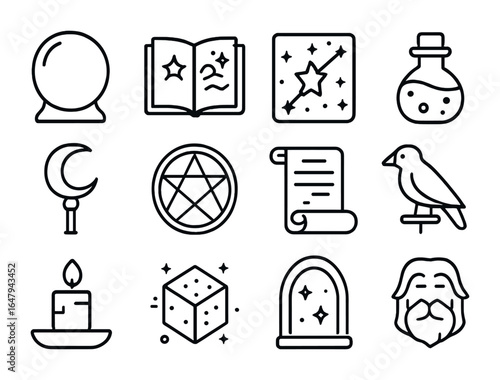 Wizard's Icon Collection. Outline icon set of wizard’s tower life: crystal orb, magic book, star map, potion