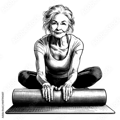 Elderly woman doing yoga on mat