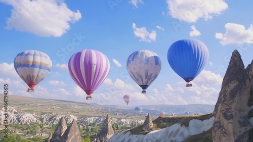 Colorful Hot Air Balloons Flying Over Scenic Cappadocia Landscape