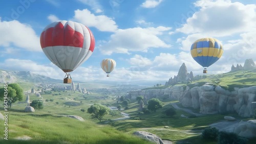 Colorful Hot Air Balloons Floating Over Scenic Green Valley Landscape