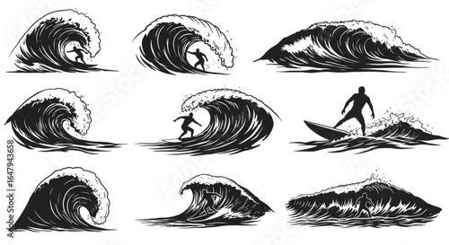 Surfer riding massive wave silhouette