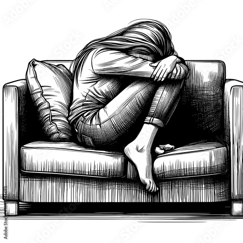 Woman sitting curled up on couch