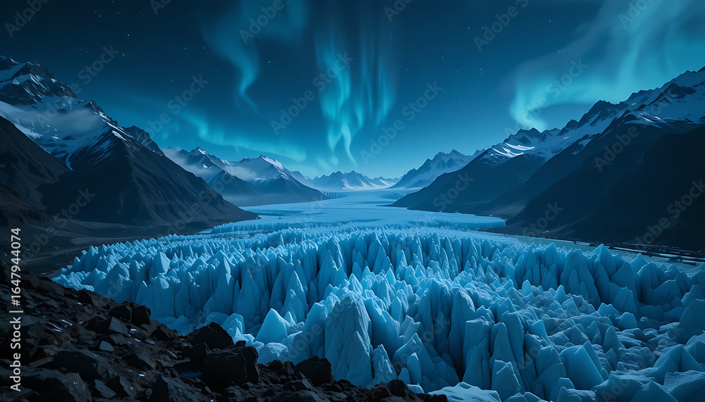 Fototapeta premium A breathtaking view of the aurora borealis illuminating the night sky above a vast, frozen glacier surrounded by snowcapped mountains, creating a magical and serene winter landscape