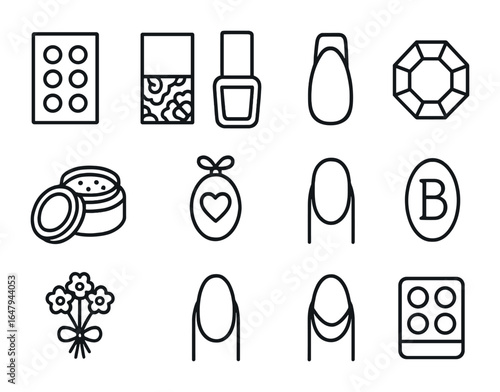 Bridal Nail Design Icons. Outline icon set of bridal nail design tools: pearl sticker, lace decal, nude polish