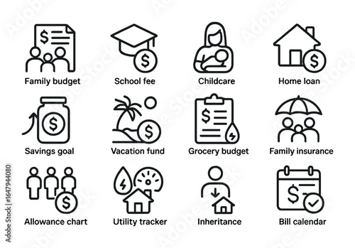 Family Finance Icons. Outline icon set of family financial planning: family budget, school fee, childcare icon