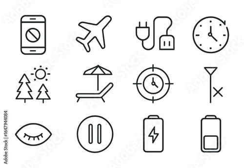 Digital Detox Icons. Outline icon set of digital detox & reset: phone off, airplane mode, unplug icon, clock