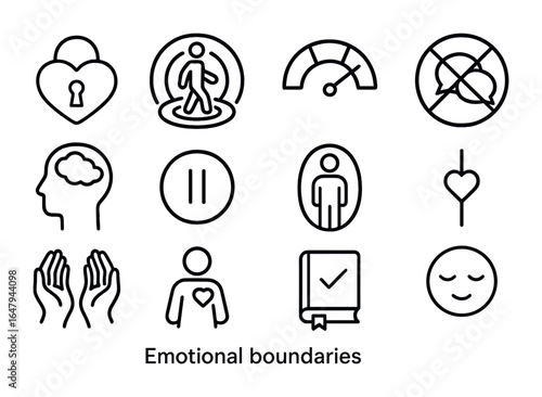Emotional Boundaries Icons. Outline icon set of emotional boundaries: heart lock, comfort zone, emotional