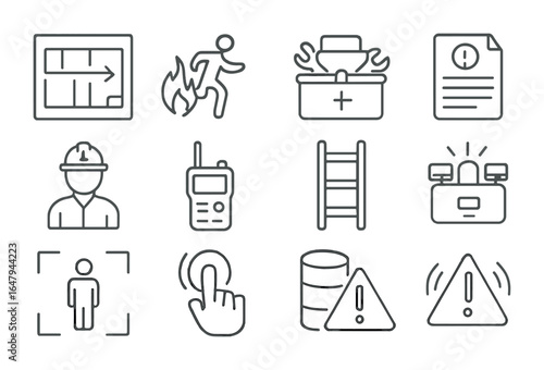 Workplace Emergency Icons. Outline icon set of workplace emergency readiness: evacuation map, fire drill icon,
