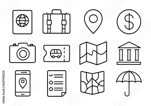 Historical Travel Icons Set. Outline icon set of historical travel essentials: passport, travel bag, map pin,