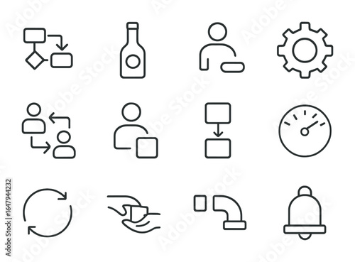 Workflow Optimization Icons. Outline icon set of workflow optimization: process flow, bottleneck icon,