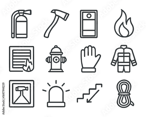 Fire Emergency Tools Icons. Outline icon set of fire emergency tools: extinguisher, fire axe, alarm pull,