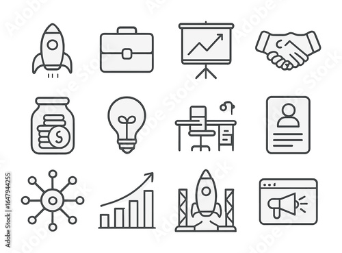 Entrepreneurship Icon Set. Outline icon set of entrepreneurship dreams: startup rocket, briefcase icon, pitch