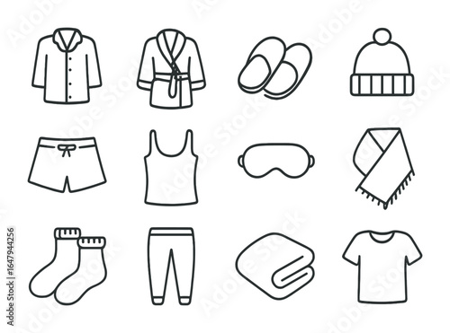 Homewear Icon Set. Outline icon set of comfortable homewear: pajama set, fleece robe, house slippers, knit
