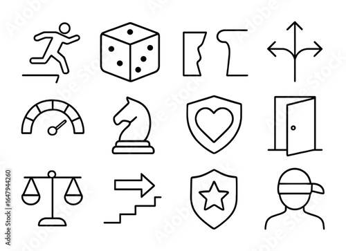 Risk and Decision Icons. Outline icon set of risks and bold decisions: leap of faith, dice icon, open cliff,