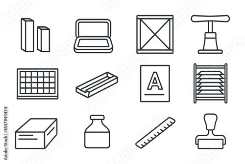 Historical Printing Icons. Outline icon set of historical printing tools: movable type, ink pad, print frame,