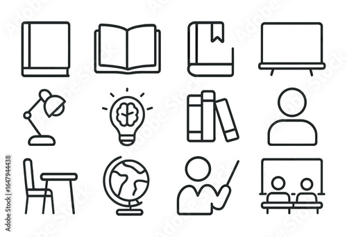 Education Icons Grid. Outline icon set of education through books: schoolbook, open page, bookmark, chalkboard