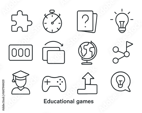 Educational Game Icons. Outline icon set of educational games: puzzle piece, quiz timer, question card, hint