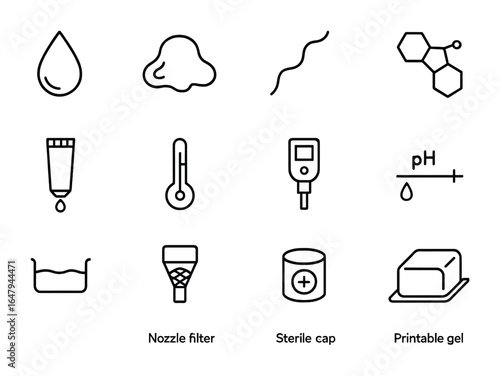 Bio-Ink Icon Set. Outline icon set of bio-ink materials: alginate drop, gelatin blob, fibrin strand, synthetic