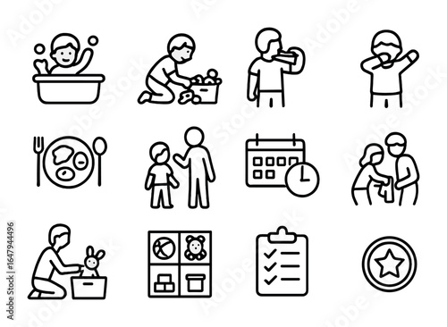 Parenting Routine Icons. Outline icon set of parenting daily routines: morning cleanup, toy pickup, brushing