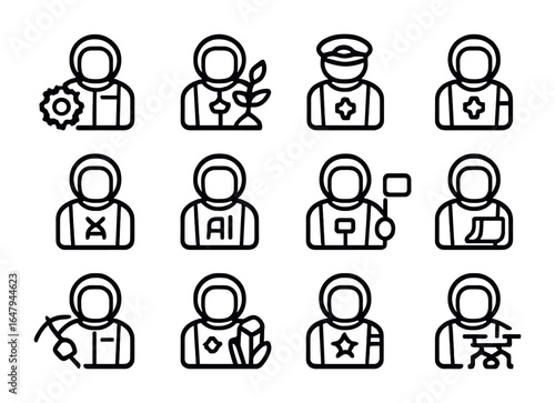Colonist Profession Icons. Outline icon set of colonist professions: engineer, botanist, pilot, medic,