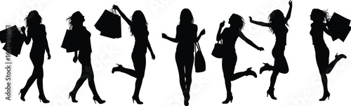 Silhouette of women shopping with bags, walking and jumping poses, fashion lifestyle concept, flat vector illustration, black design, modern style