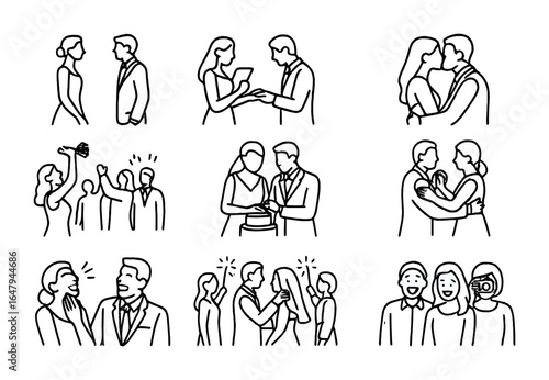 Wedding Moments Icons. Outline icon set of wedding photography moments: first look, vows exchange, ring