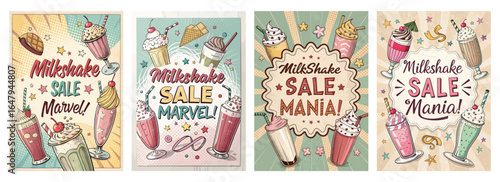 Colorful vintage milkshake sale posters showcasing various desserts and playful designs.