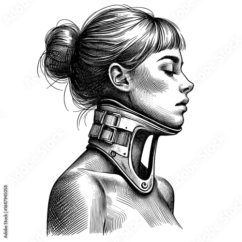 Woman wearing neck brace looking sideways against plain background