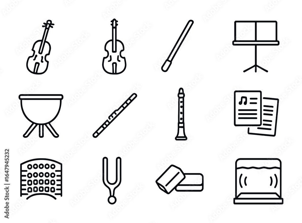 Obraz premium Orchestra Icon Set. Outline icon set of orchestral rehearsal: violin, cello, conductor stick, sheet stand,