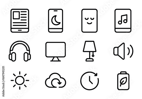 Nighttime Digital Icons. Outline icon set of nighttime digital relaxation: e-book reader, night mode screen,