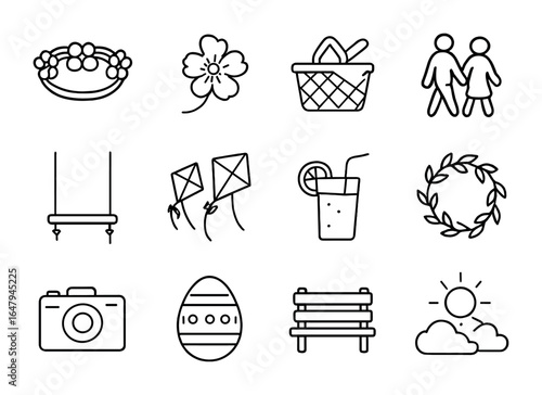 Spring Festival Icons. Outline icon set of spring festivals for couples: flower crown, cherry blossom, picnic