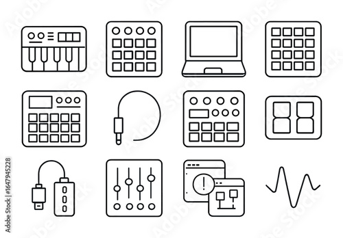 Electronic Music Icons. Outline icon set of electronic band practice: synth keyboard, MIDI controller, laptop,