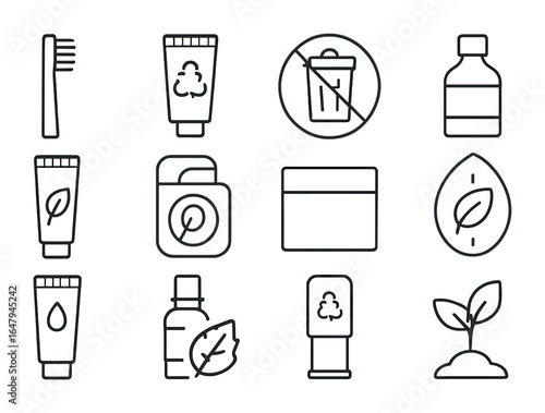 Eco Dental Icons. Outline icon set of eco-friendly dental care: bamboo brush, recyclable tube, zero-waste icon