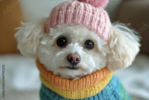 Cute Small Dog Wearing a Colorful Sweater and Pink Hat Inside a Cozy Home Set...