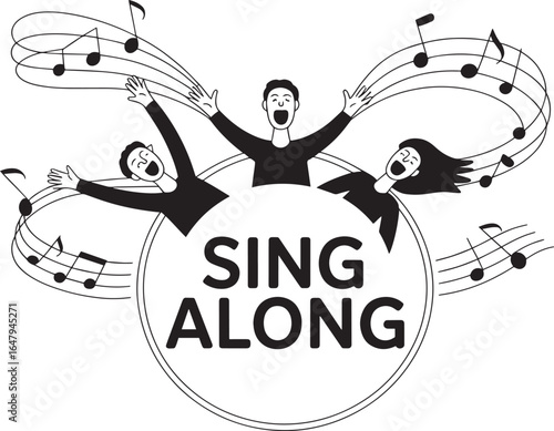 Sing Along Graphic Featuring People Singing with Musical Notes for Karaoke Events and Gatherings