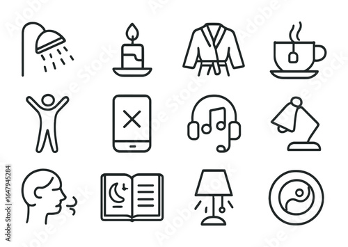 Evening Wind-Down Icons. Outline icon set of evening wind-down habits: warm shower, candle light, soft robe,