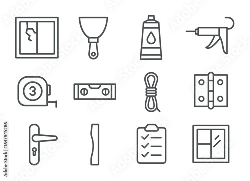 Window Repair Icons. Outline icon set of window care and repair: cracked glass, putty knife, frame sealant,