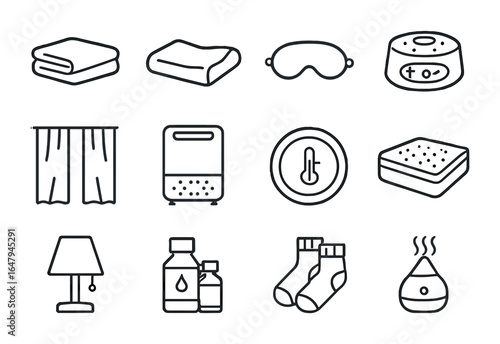 Restful Bedroom Icons. Outline icon set of restful bedroom essentials: soft sheets, orthopedic pillow, eye