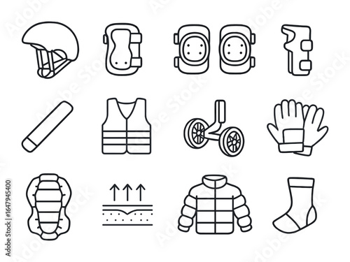 Kids Safety Gear Icons. Outline icon set of safety gear for kids: helmet, elbow pads, knee pads, wrist guard,