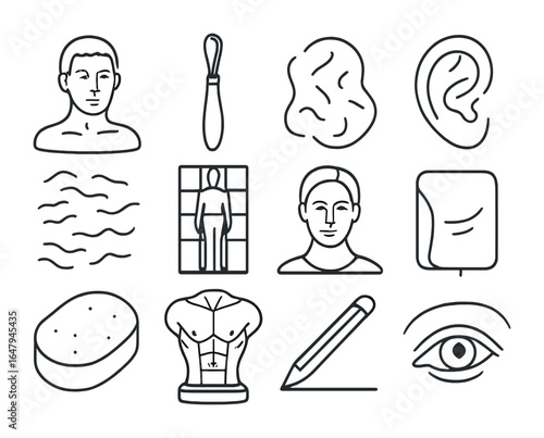 Clay Sculpture Icon Set. Outline icon set of realistic clay sculpture: human bust, nose tool, skin texture,