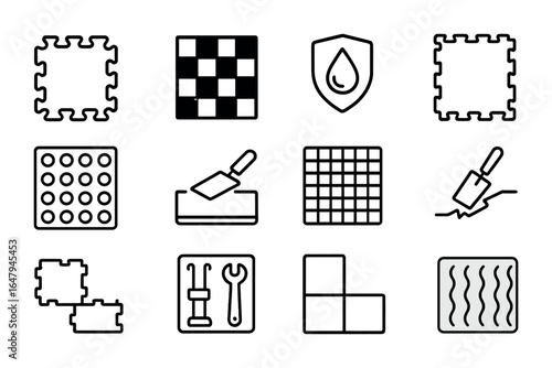 Garage Flooring Icon Set. Outline icon set of garage flooring: rubber tile, checker pattern, oil-resistant