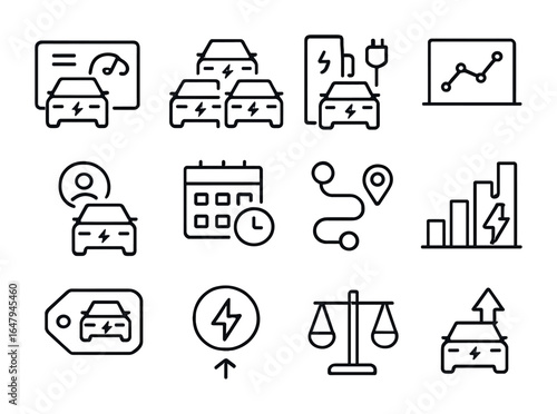 Fleet EV Icons. Outline icon set of fleet EV management: fleet dashboard, group EVs, station allocation,