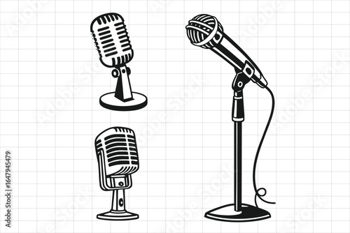 Illustration of three vintage microphones isolated on white background