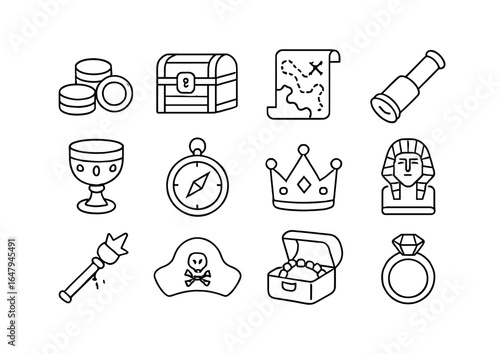 Image Generation. Outline icon set of sunken treasures: gold coins, gem chest, old map, spyglass, royal goblet