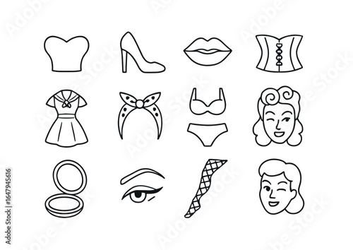 Pin-Up Fashion Icons. Outline icon set of pin-up fashion icons: sweetheart neckline, high heels, red lips,