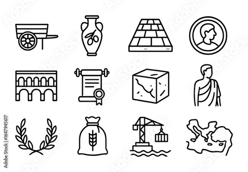 Roman Trade Icons. Outline icon set of Roman trade networks: chariot cart, olive amphora, Roman road, trade