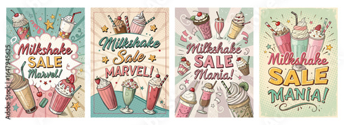 Colorful vintage-style illustrations of milkshakes with vibrant text announcing a sale.